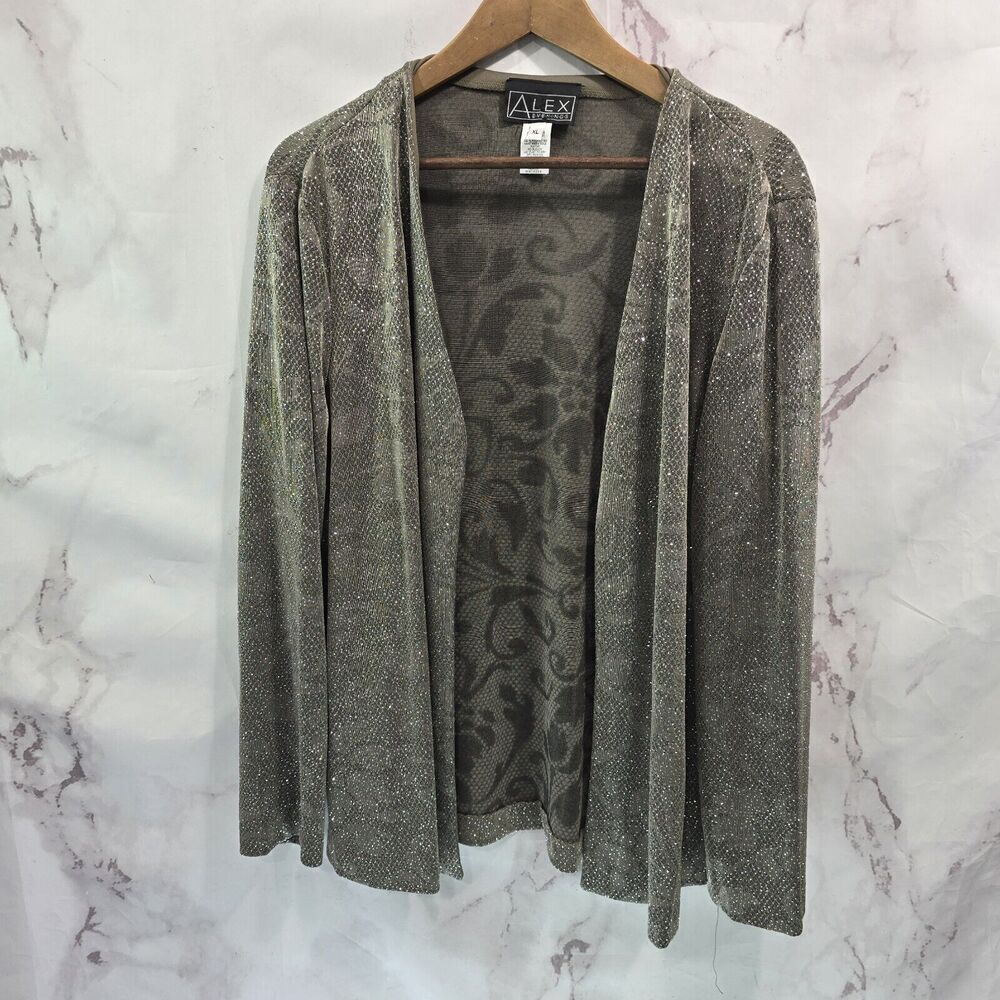 Alex Evenings Jacket Women XL Tan Sparkle Shimmer Metallic Lightweight Open
